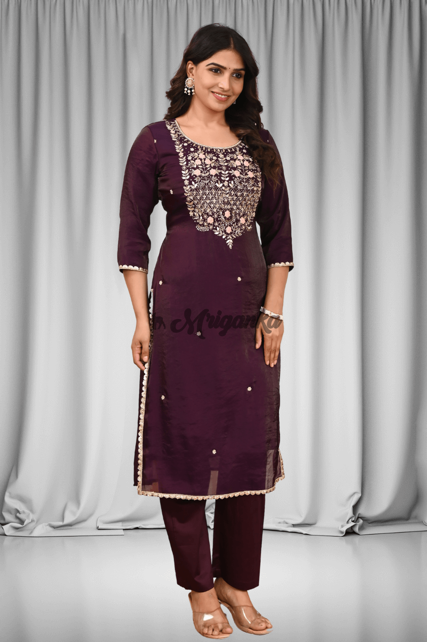 Straight Suit Set | Silk | Embroidery & Lace Work- Buy at Mriganka