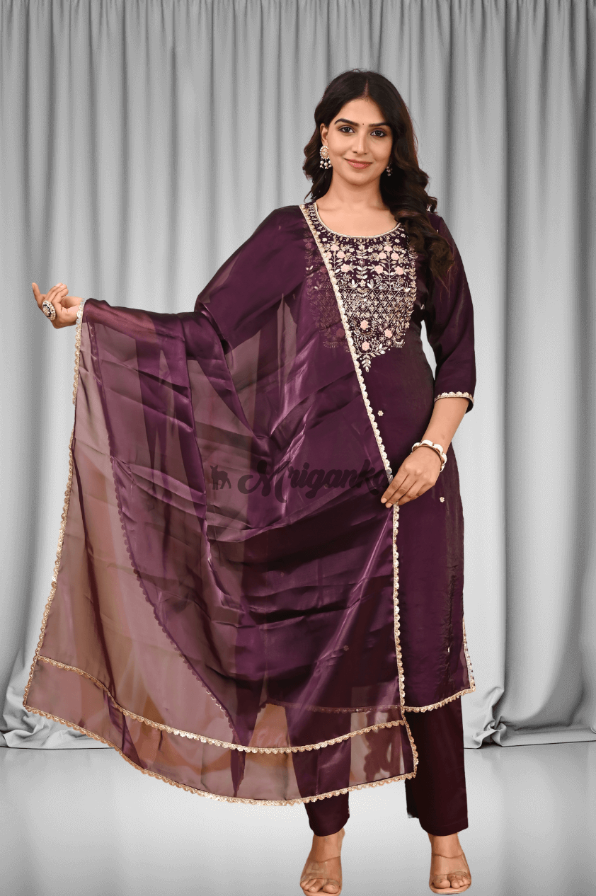 Straight Suit Set | Silk | Embroidery & Lace Work- Buy at Mriganka
