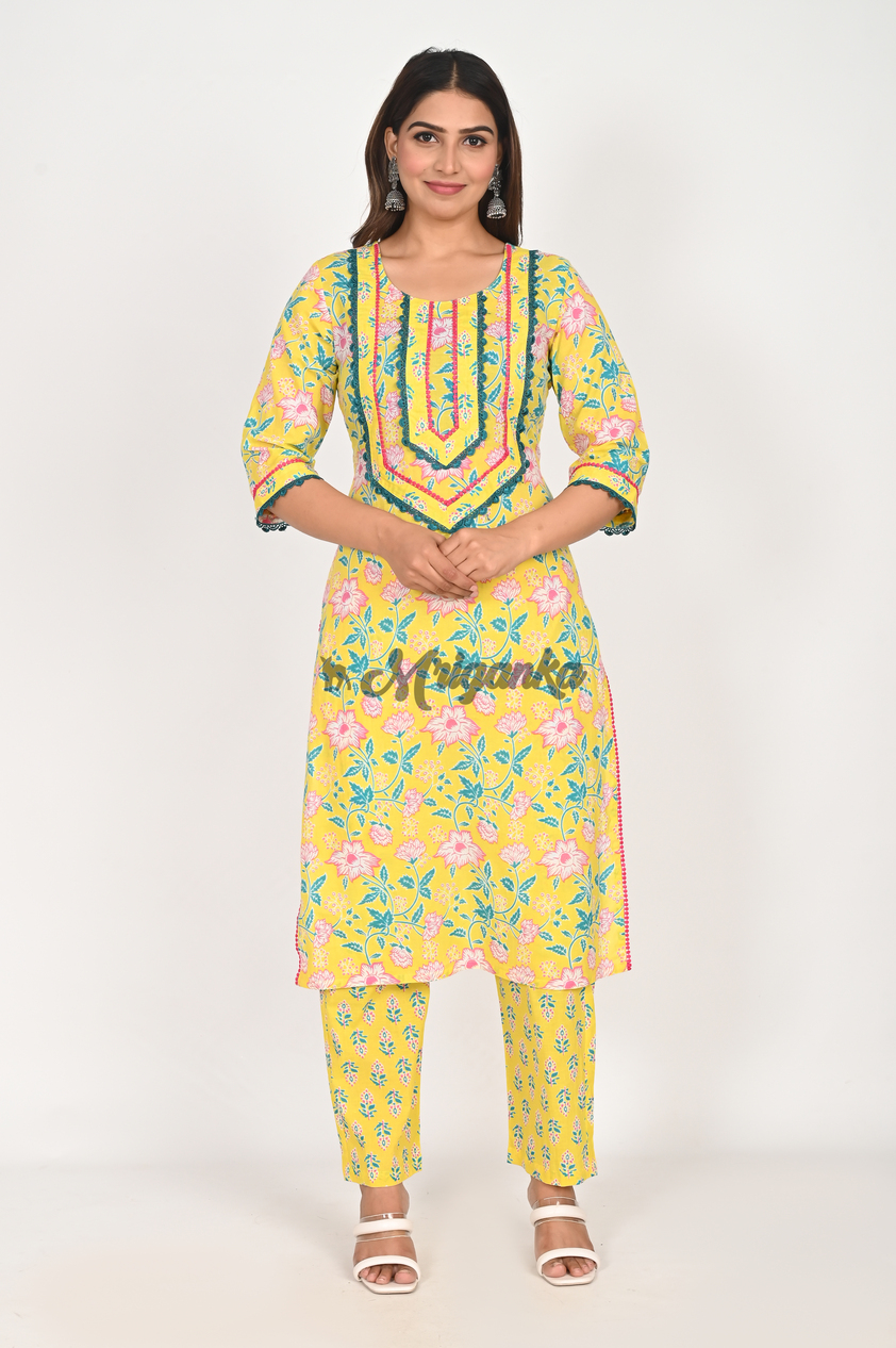 Buy Yellow Pure Cotton Straight Suit Set with Lace Work | Mriganka