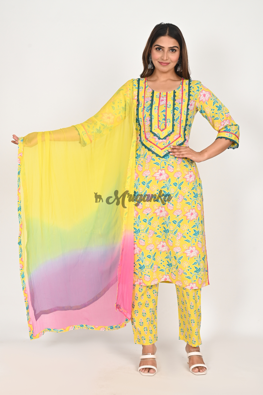 Buy Yellow Pure Cotton Straight Suit Set with Lace Work | Mriganka
