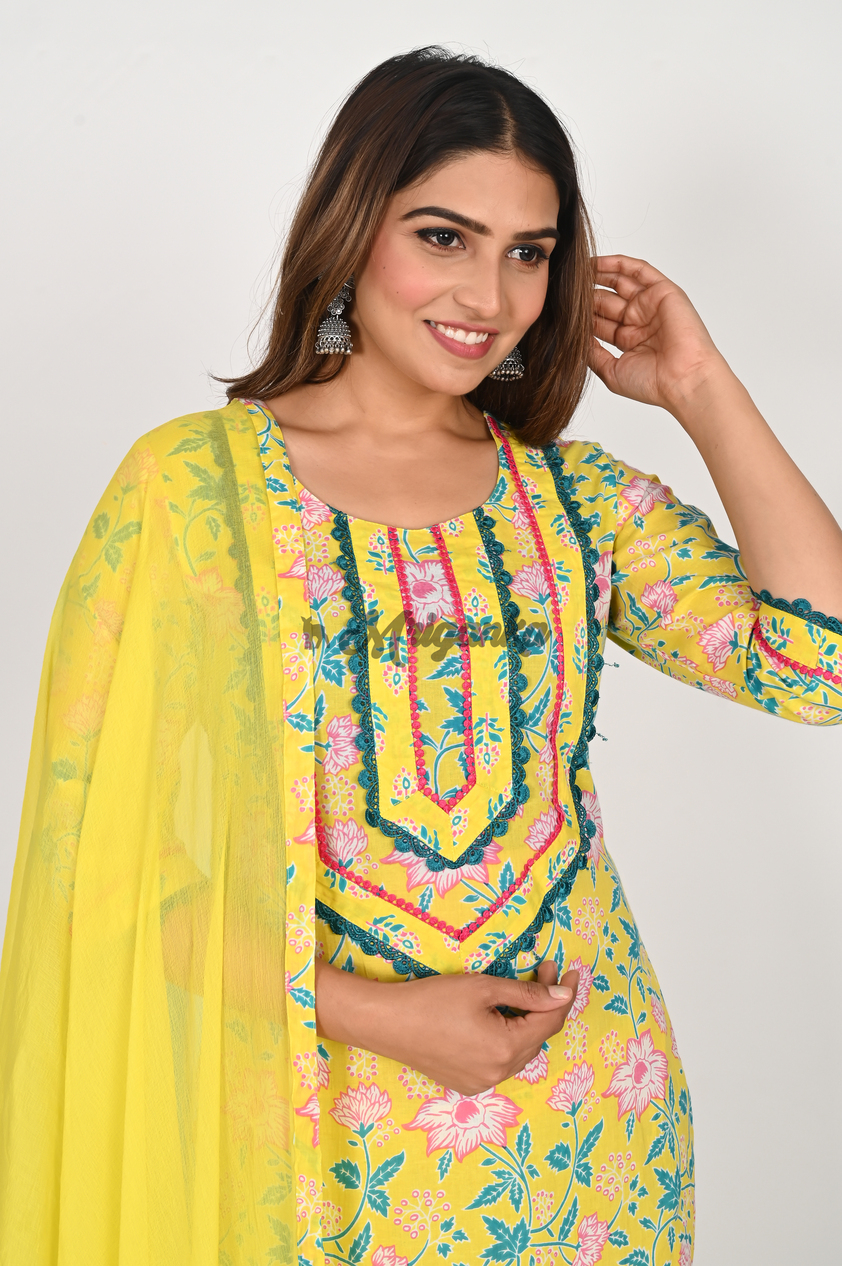 Buy Yellow Pure Cotton Straight Suit Set with Lace Work | Mriganka