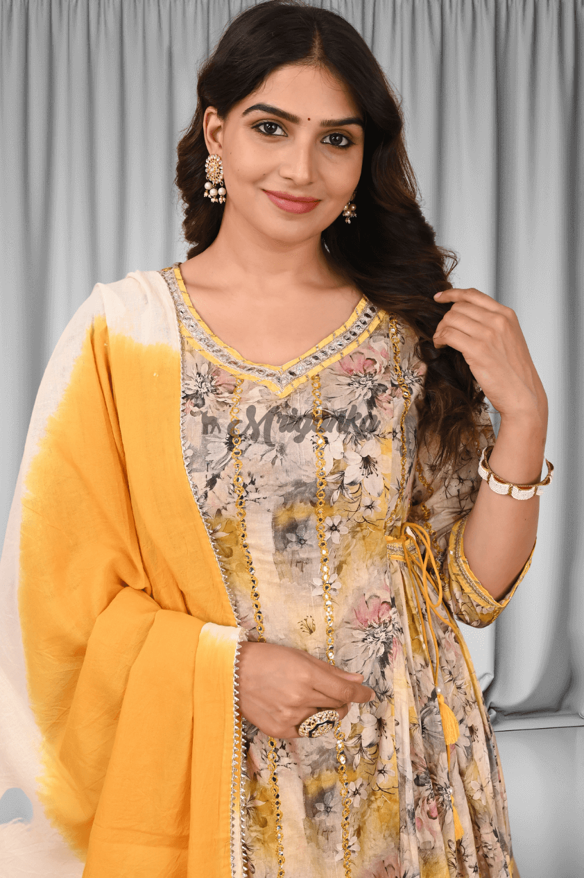 A Line Kurta Set | Mirror Work | Dori, Tassels  & Lace Work- Buy at Mriganka