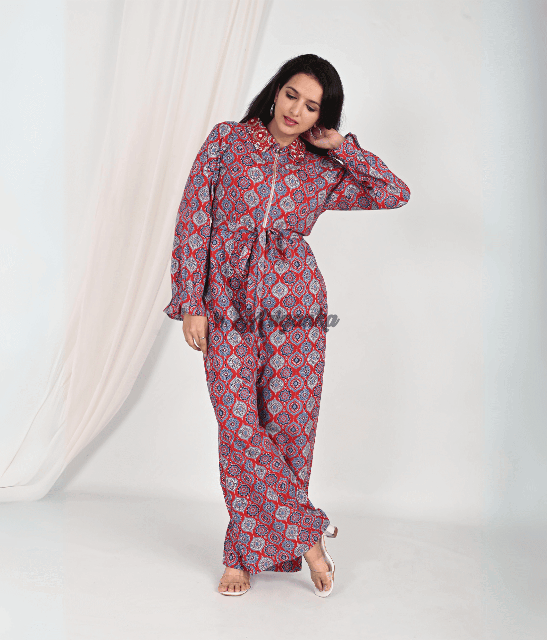 Buy Geometric Collared Jumpsuit Fabric - Pure Cotton Online at Mriganka