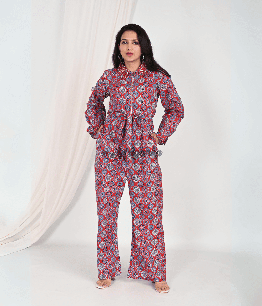 Buy Geometric Collared Jumpsuit Fabric - Pure Cotton Online at Mriganka