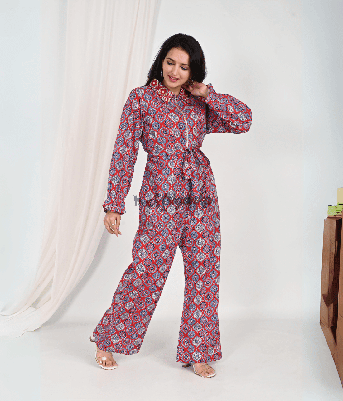 Buy Geometric Collared Jumpsuit Fabric Pure Cotton Online at Mriganka