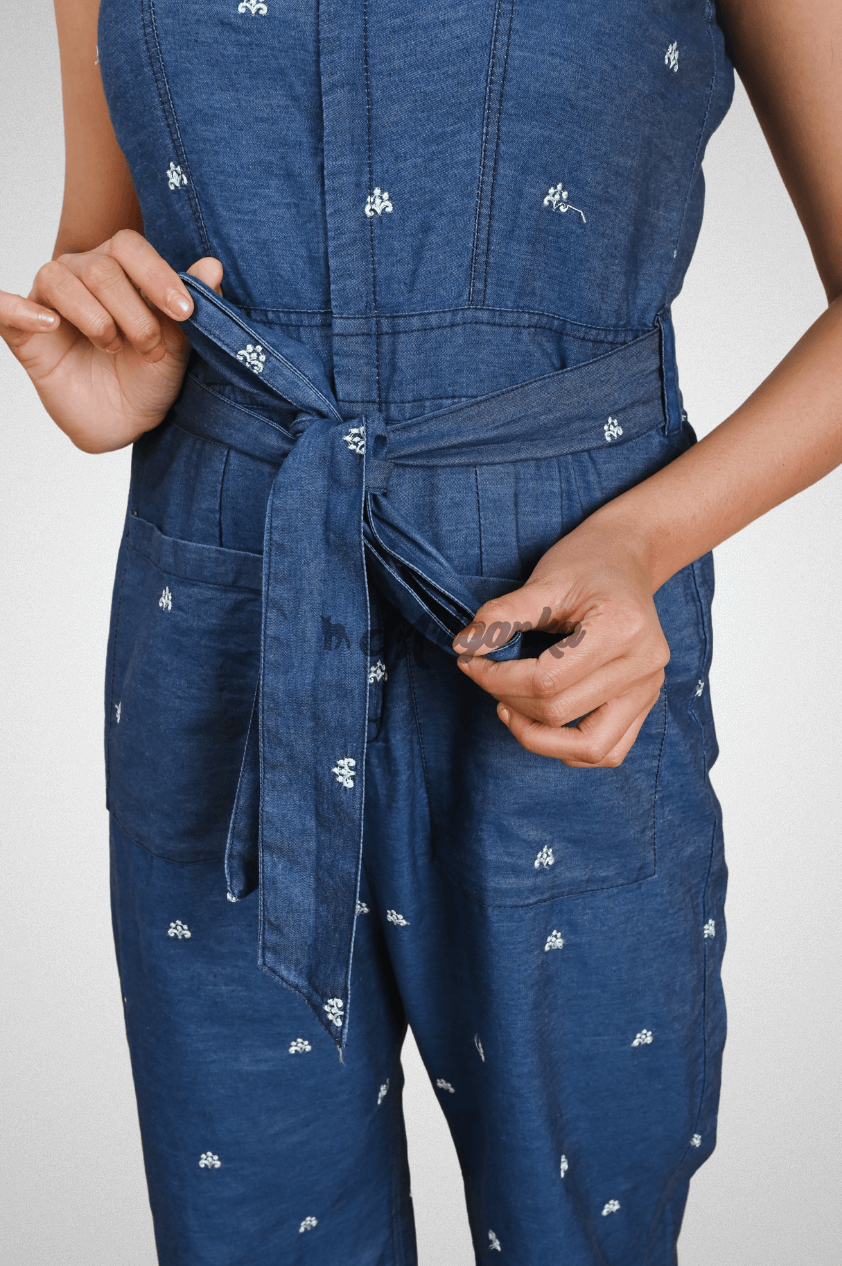 Blue Cotton Denim Jumpsuit with Embroidery, Zip, Waist Belt & Front Pockets by Mriganka
