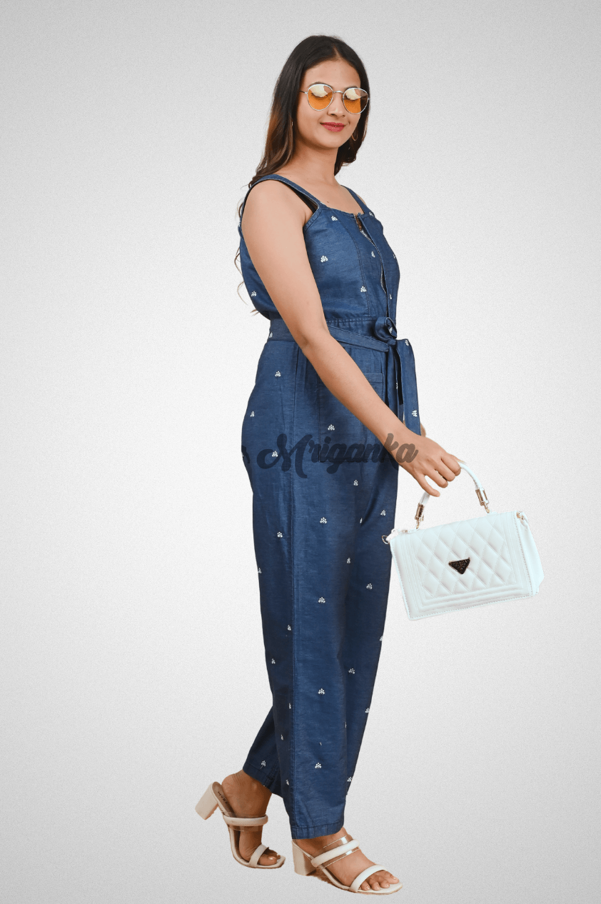 Blue Cotton Denim Jumpsuit with Embroidery, Zip, Waist Belt & Front Pockets by Mriganka