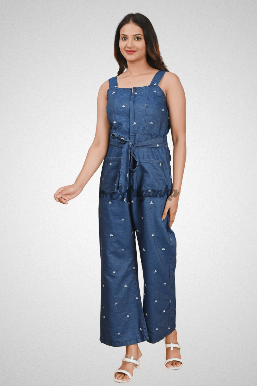 Blue Cotton Denim Jumpsuit with Embroidery, Zip, Waist Belt & Front Pockets by Mriganka