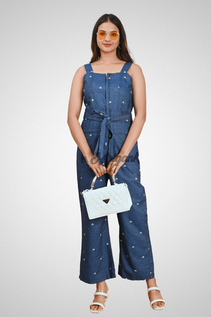 Blue Cotton Denim Jumpsuit with Embroidery, Zip, Waist Belt & Front Pockets by Mriganka