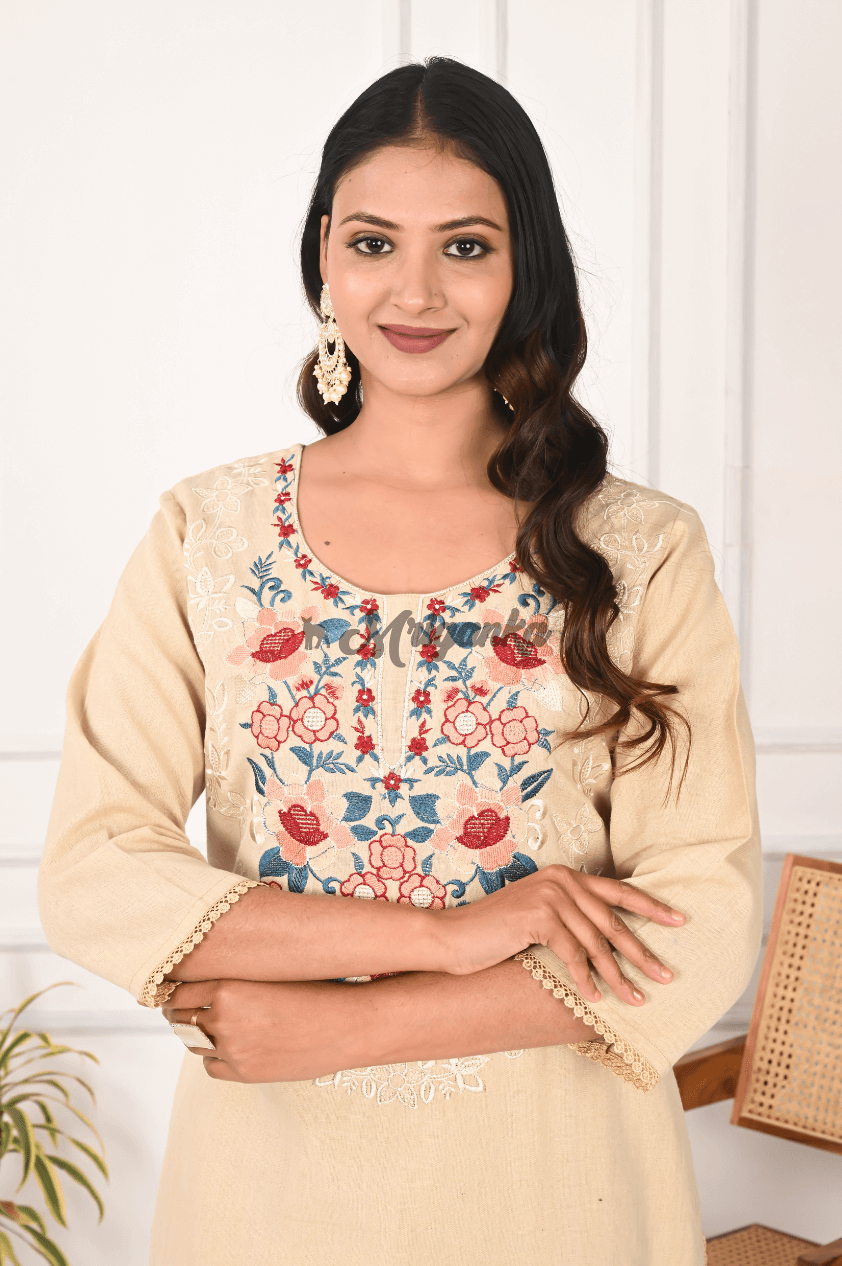 Beige Cotton Straight Suit Set with Embroidery & Lace | Casual & Daily Wear - Mriganka