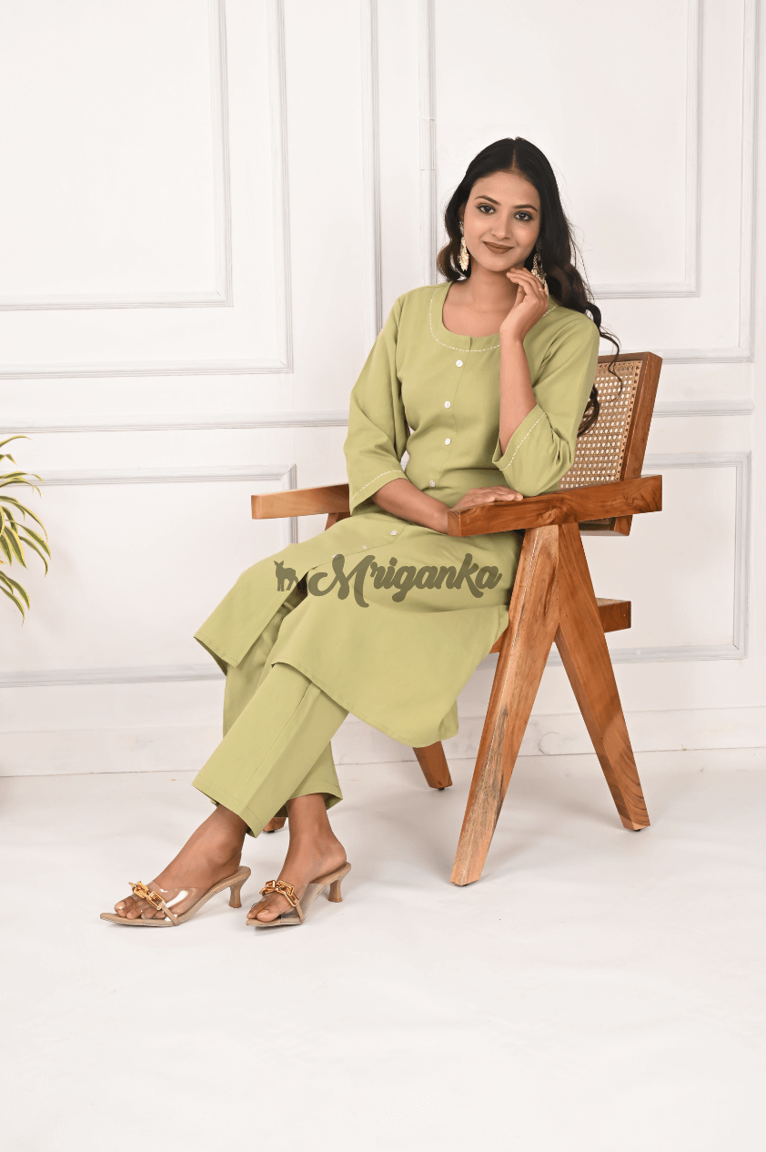A-Line Suit Pant Set – Cotton Kurta with Handwork & Matching Pants in Pista Green | Mriganka