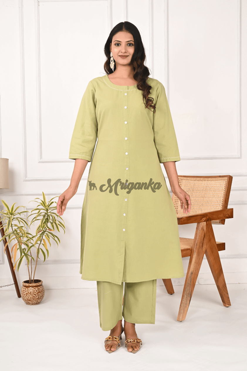 A-Line Suit Pant Set – Cotton Kurta with Handwork & Matching Pants in Pista Green | Mriganka