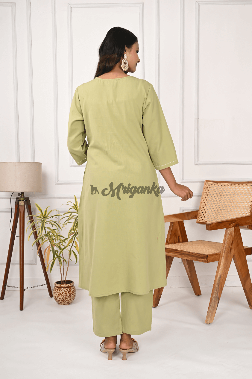 A-Line Suit Pant Set – Cotton Kurta with Handwork & Matching Pants in Pista Green | Mriganka