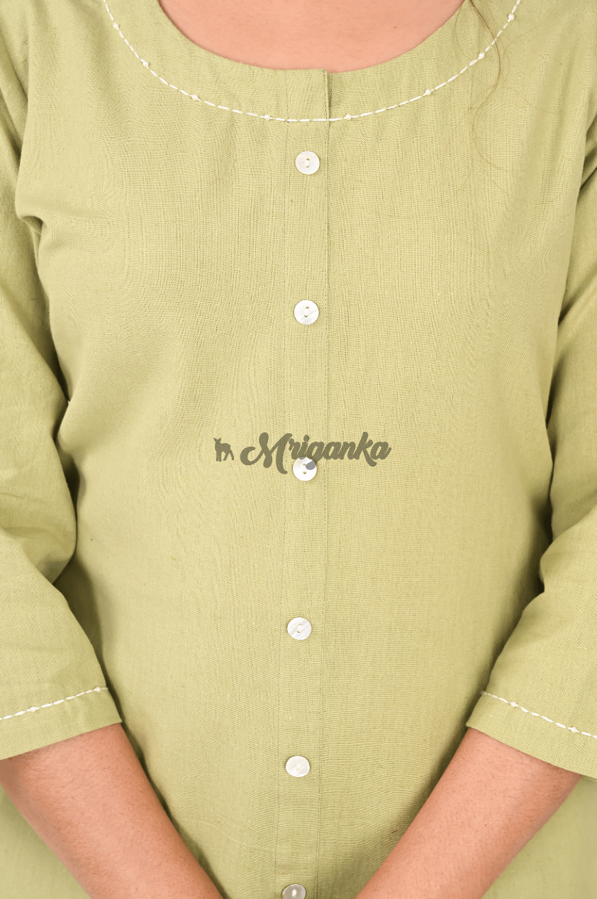 A-Line Suit Pant Set – Cotton Kurta with Handwork & Matching Pants in Pista Green | Mriganka