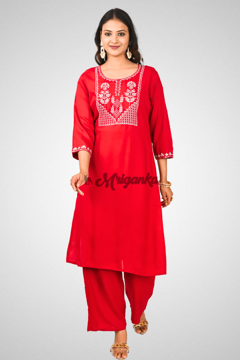 Bright Red Viscose Kurta Pant Set with Embroidery @ Mriganka
