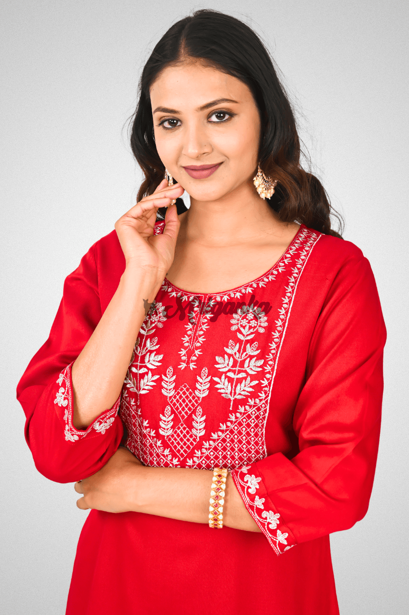 Bright Red Viscose Kurta Pant Set with Embroidery @ Mriganka