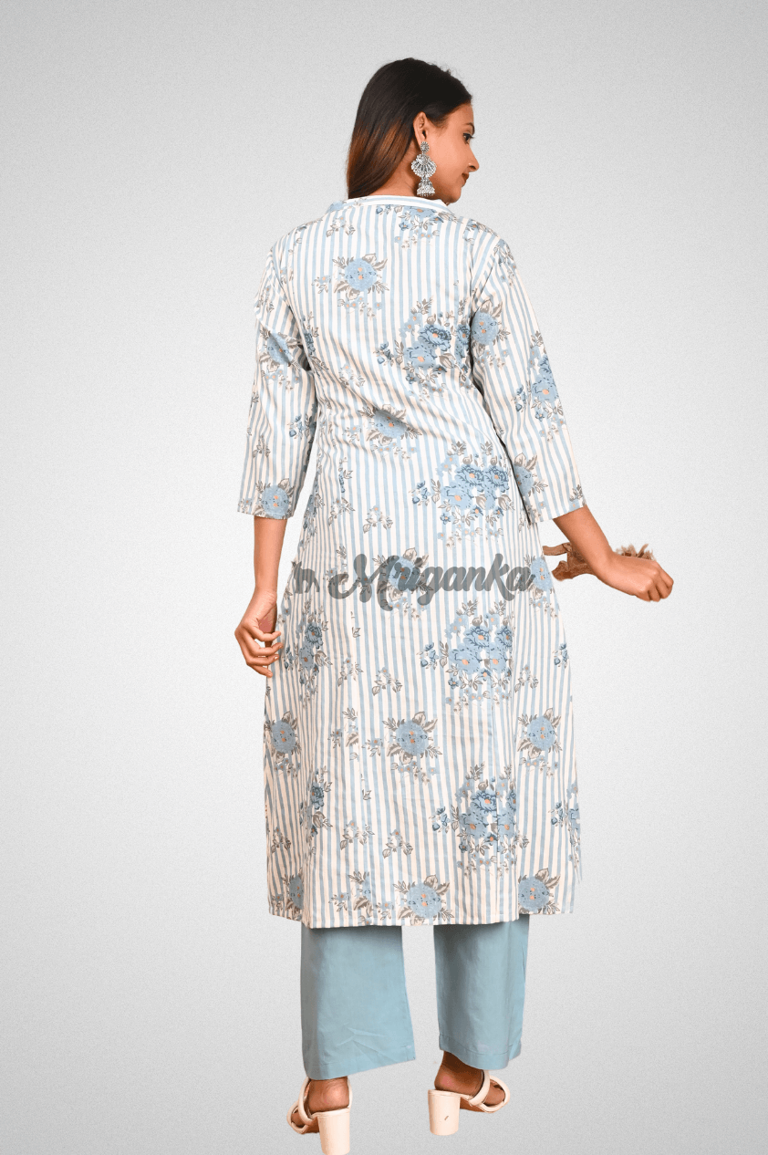 White Cotton A-Line Kurta Pant Set with Functional Buttons, Placket and Side Pockets by Mriganka