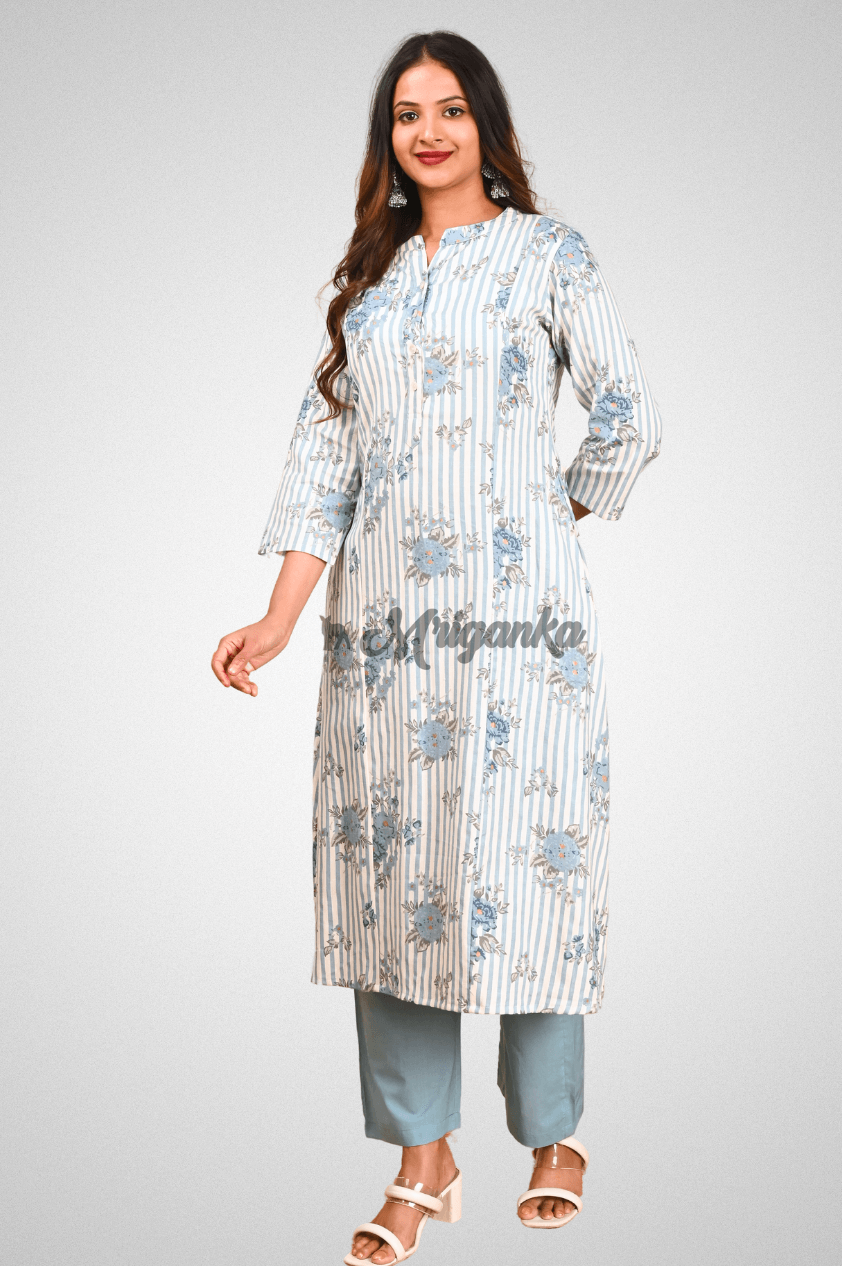 White Cotton A-Line Kurta Pant Set with Functional Buttons, Placket and Side Pockets by Mriganka