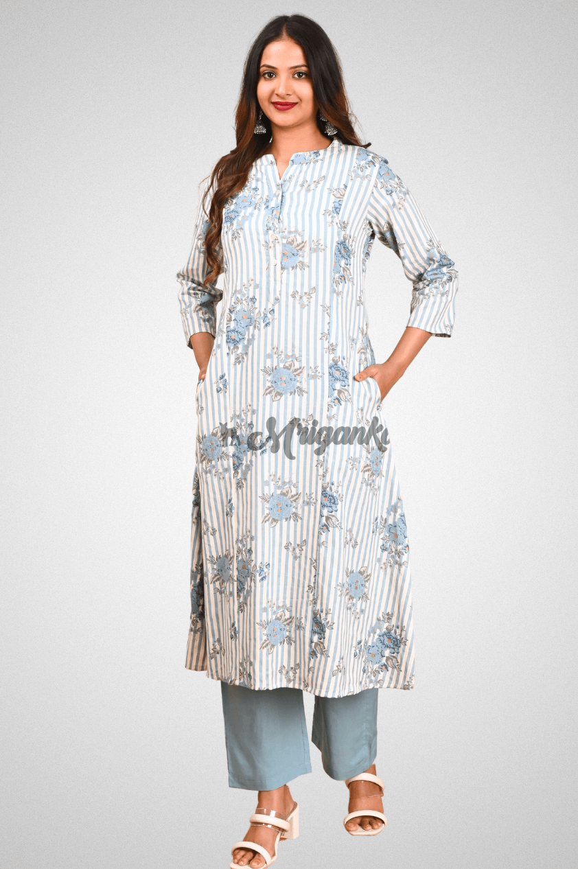 White Cotton A-Line Kurta Pant Set with Functional Buttons, Placket and Side Pockets by Mriganka