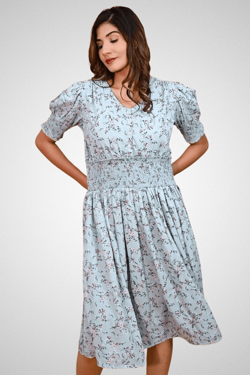 Shop Stylish Bobbin Elastic Dress in Grey Blue Color | Mriganka