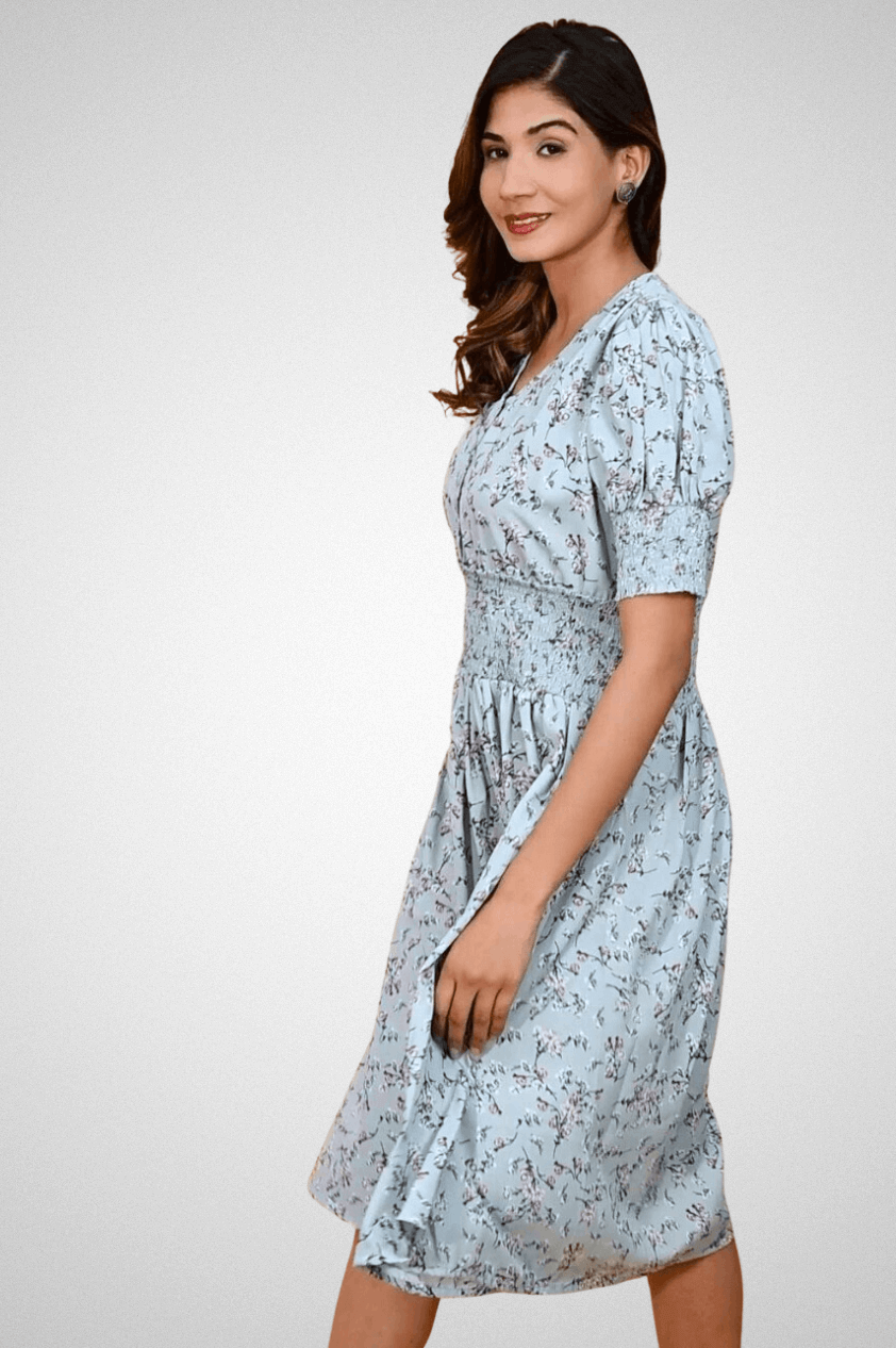 Shop Stylish Bobbin Elastic Dress in Grey Blue Color | Mriganka