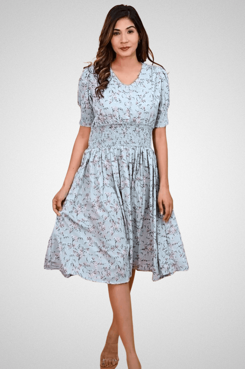 Shop Stylish Bobbin Elastic Dress in Grey Blue Color | Mriganka